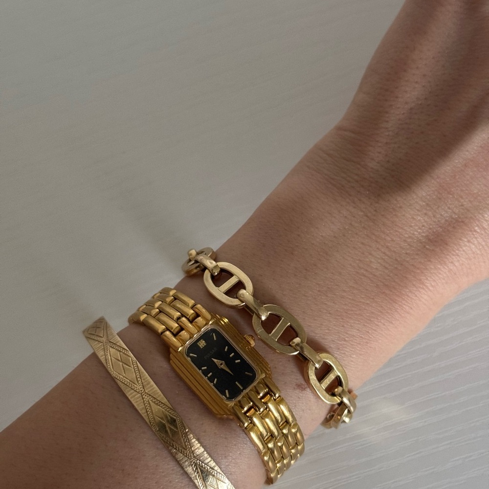 Gold Rectangular Face Watch with Metal Band